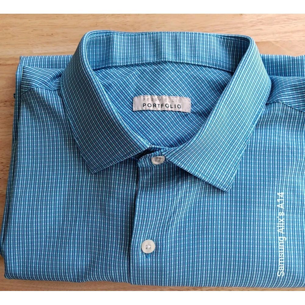 Perry Ellis Portfolio Mens Blue Plaid Long Sleeve Dress Shirt XL 17.5 34/35